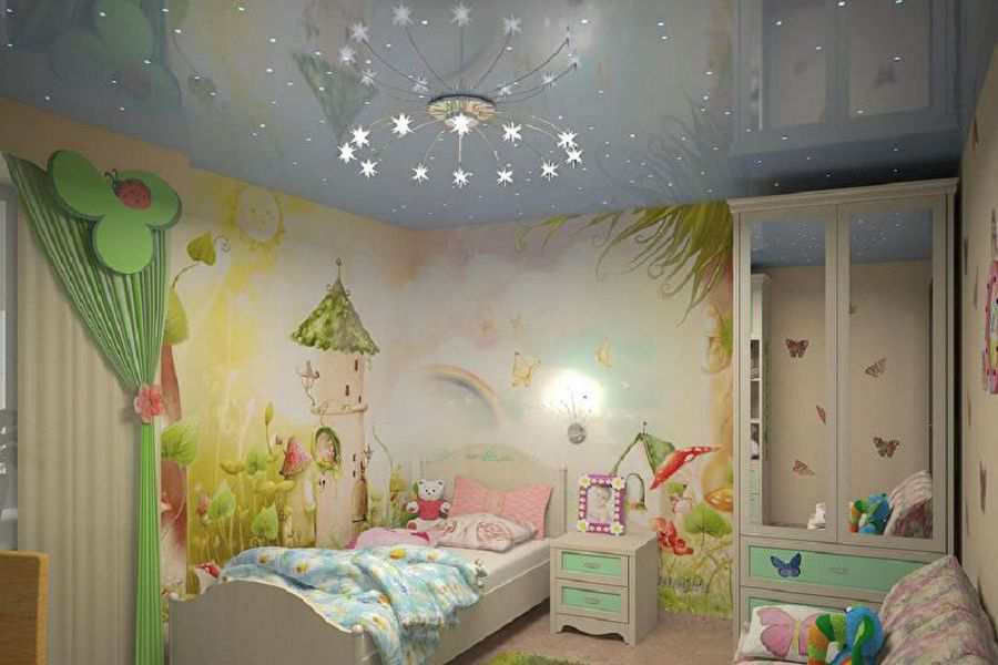 Натяжной потолок с фотопечатью в детской комнате девочки