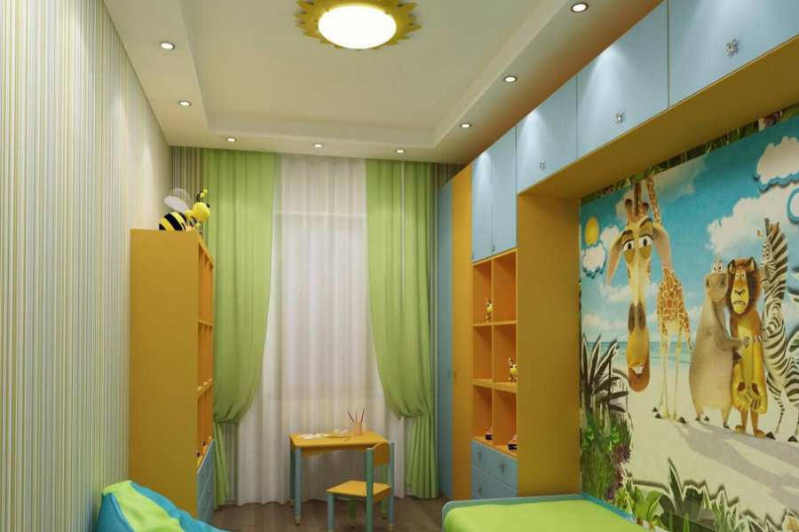 Натяжной потолок с точечными светильниками в детской комнате