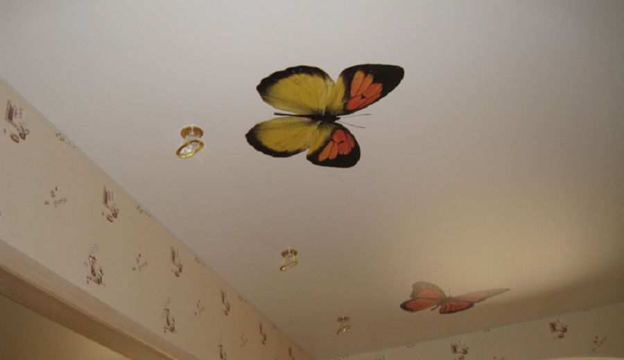 Фотография натяжного потолка с фотопечатью. Рисунок «Бабочки»