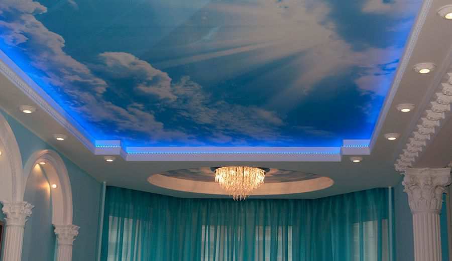Натяжной потолок с фотопечатью. Рисунок «Солнце в облачном небе»